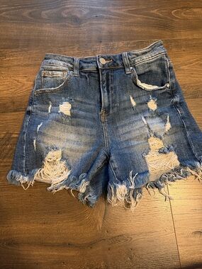 Distressed High-Rise Risen Denim Shorts